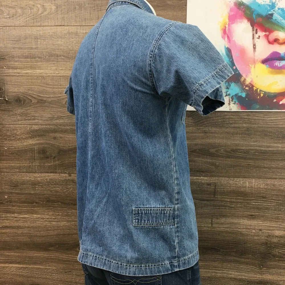 Vintage Denim Co Men's Y2K Medium M Short Sleeve Full‎ Zip Denim Shirt Blue